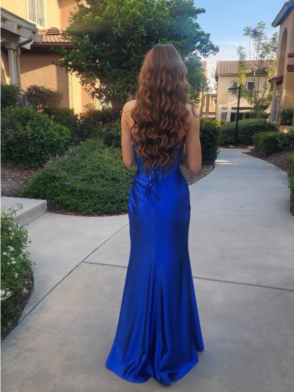 Midnight Sapphire Lace-Up Satin Prom Dress - Women's Formal Gown